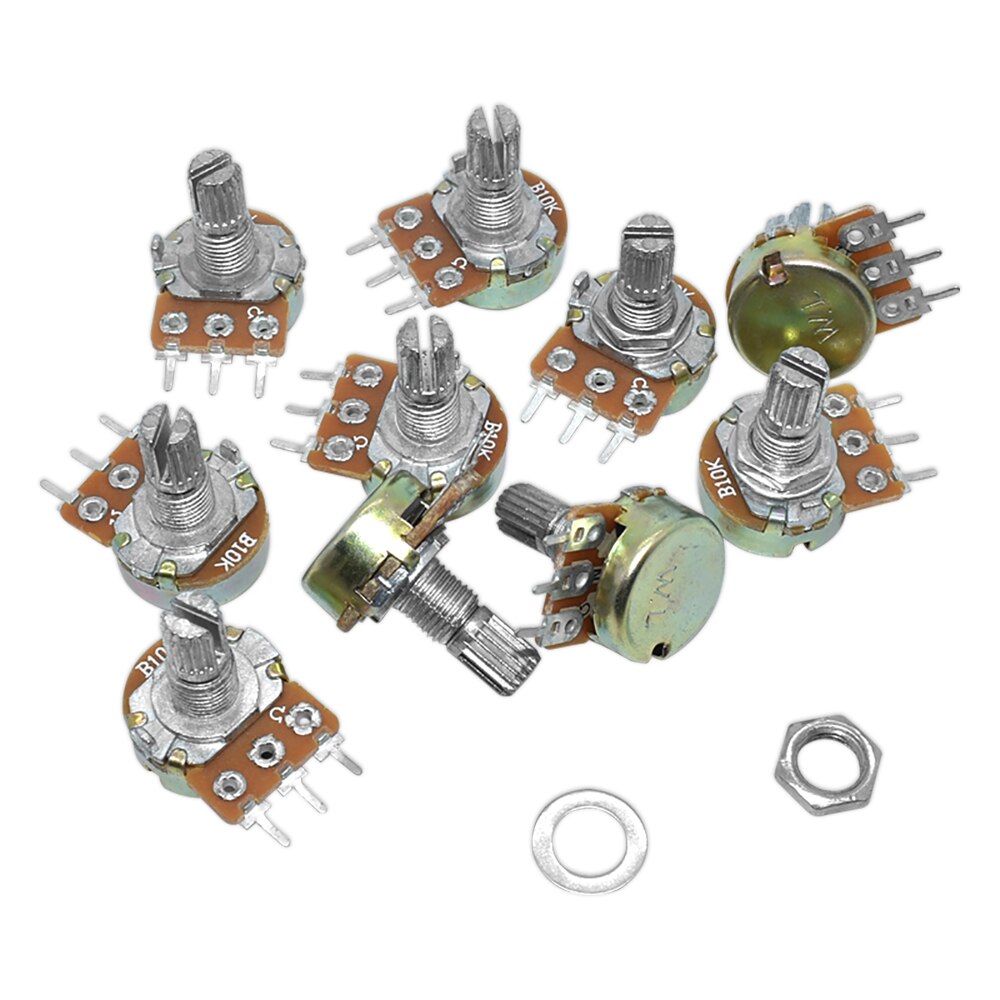 A bunch of B10K potentiometers with a washer and nut