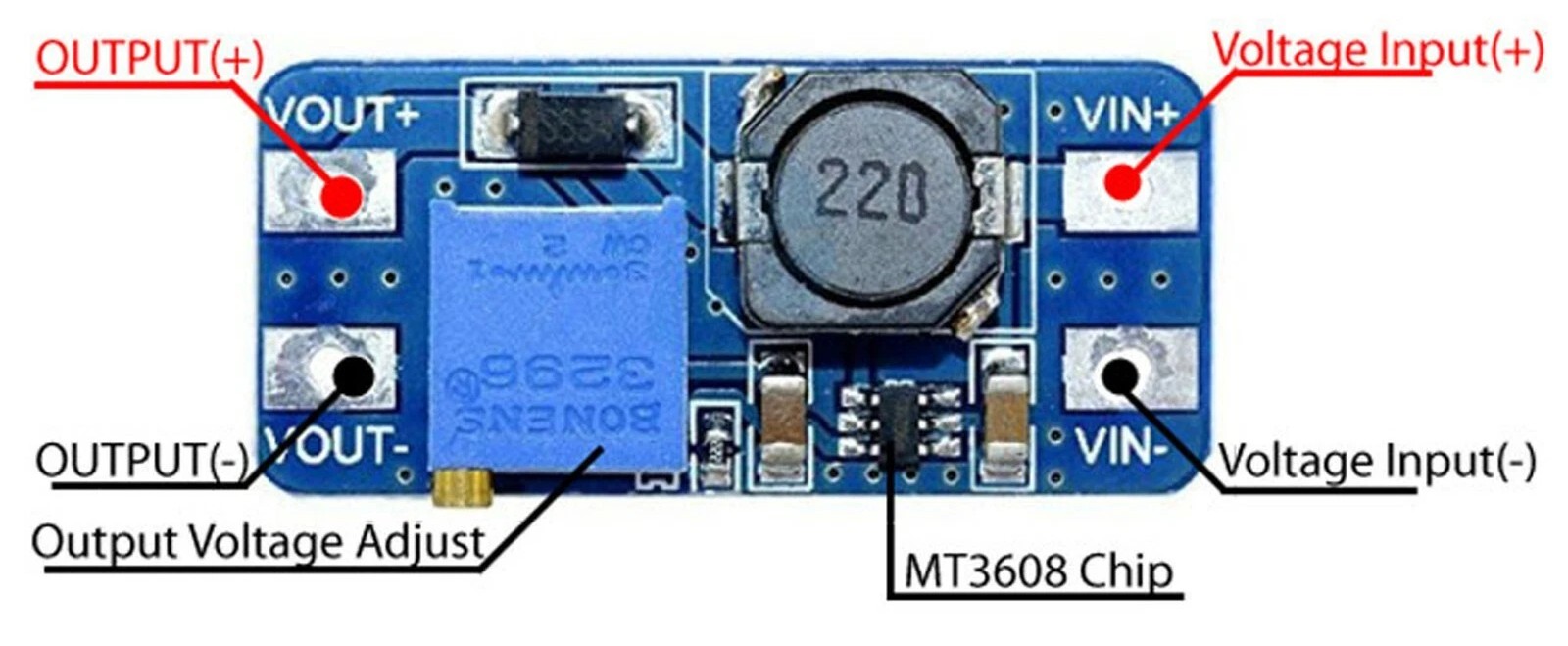 MT3608 DC-DC Boost Converter 2A – Step-Up Module 2V–24V to 5V/9V/12V/28V Adjustable - Image 3