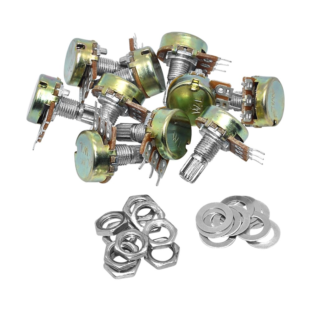 A bunch of assorted potentiometers with washers and nuts