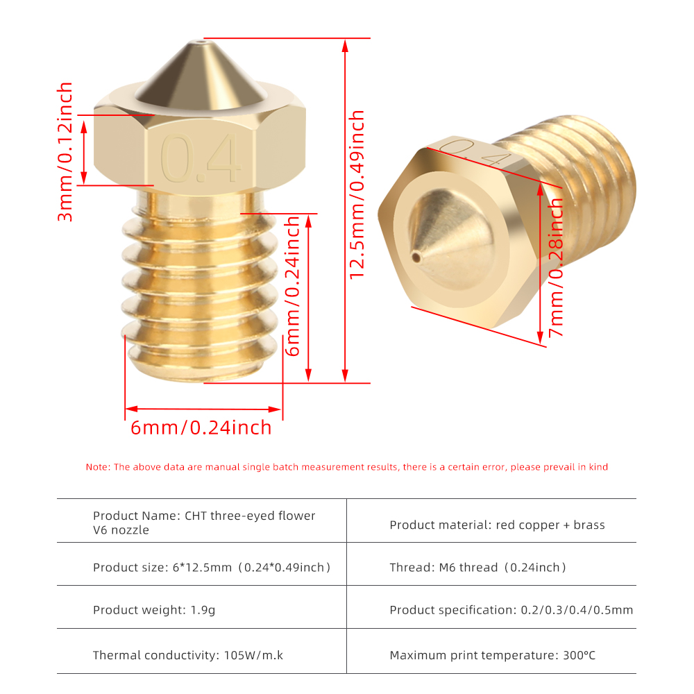 E3D V6 Brass Nozzle M6 1.75mm – 0.2mm / 0.3mm / 0.4mm / 0.5mm Precision 3D Printer Nozzle - Image 3